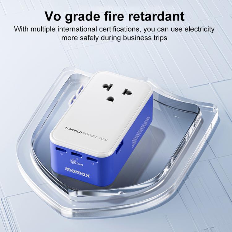 Adaptador de viaje universal MOMAX UA36 1-World Pocket de 70 W y 4 puertos con tecnología GaN ultradelgada., AU Plug, EU Plug, UK Plug, US Plug