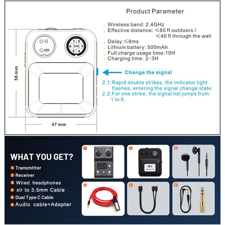 Sistema portátil inalámbrico de monitorización intraauricular MX-M1 para etapa 1 TX y 1 RX, MX-M1