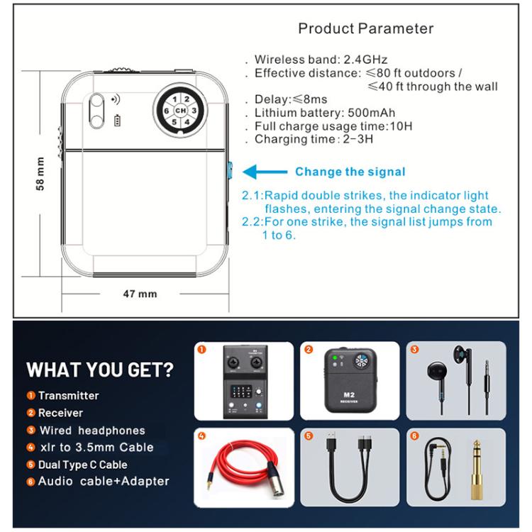 Sistema portátil inalámbrico de monitorización intraauricular MX-M2 para etapa 1 TX y 1 RX, MX-M2