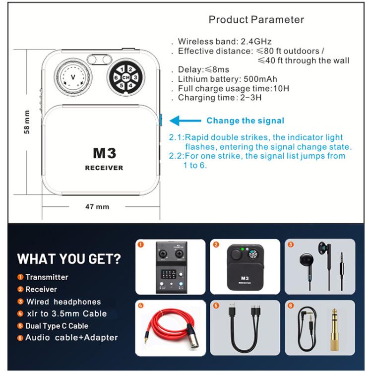Sistema portátil inalámbrico de monitorización intraauricular MX-M3 para etapa 1 TX y 1 RX, MX-M3
