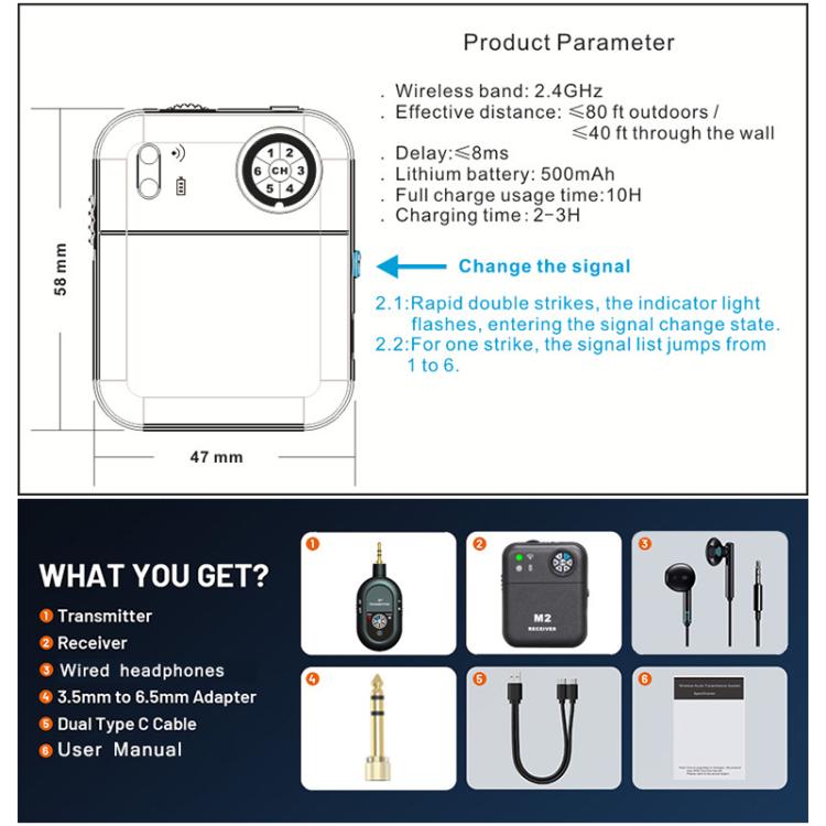 Sistema portátil inalámbrico de monitorización intraauricular MT-M2 para etapa 1 TX y 1 RX, MT-M2