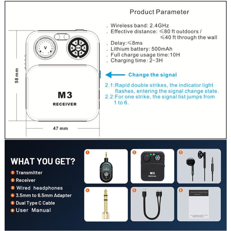 Sistema de monitorización intraauricular inalámbrico portátil MT-M3 para escenario, transmisor de 3,5 mm/6,5 mm y receptor., MT-M3