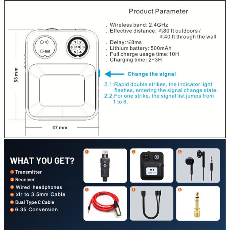 Sistema de monitorización intraauricular inalámbrico portátil MU-M1 para etapa 1 TX y 1 RX, MU-M1