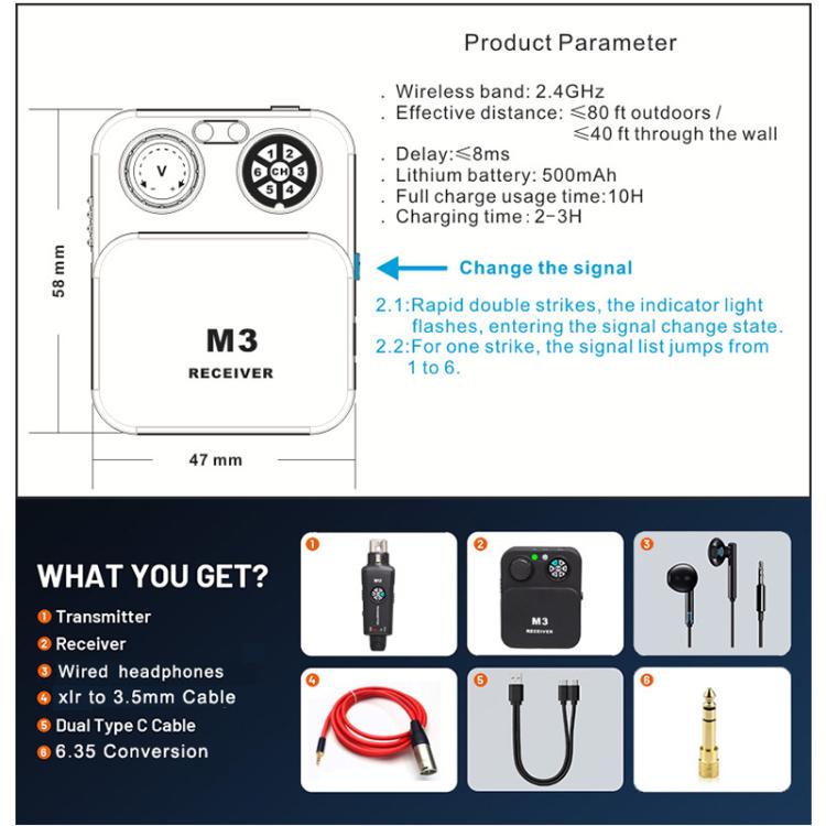 Sistema de monitorización intraauricular inalámbrico portátil MU-M3 para etapa 1 TX y 1 RX, MU-M3