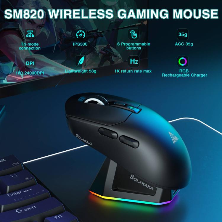 Ratón inalámbrico para juegos SOLA SM820 Tri-Mode de 22000 DPI y 1000 Hz con base de carga RGB