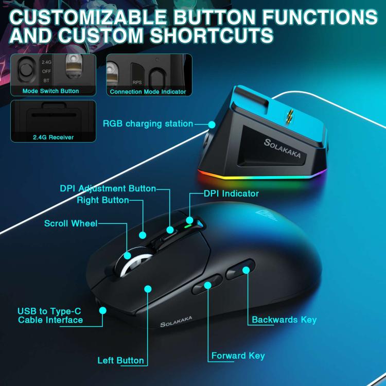 Ratón inalámbrico para juegos SOLA SM820 Tri-Mode de 22000 DPI y 1000 Hz con base de carga RGB