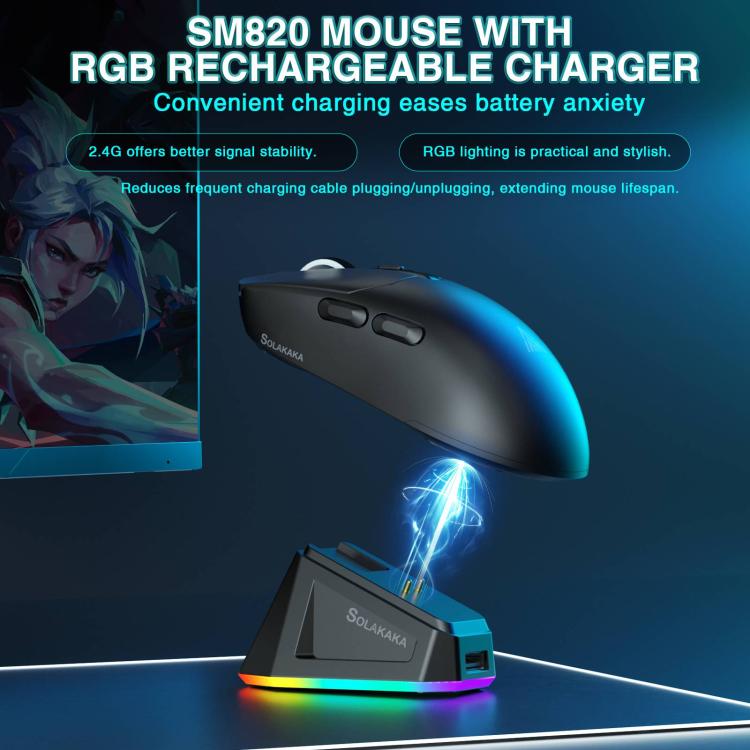 Ratón inalámbrico para juegos SOLA SM820 Tri-Mode de 22000 DPI y 1000 Hz con base de carga RGB