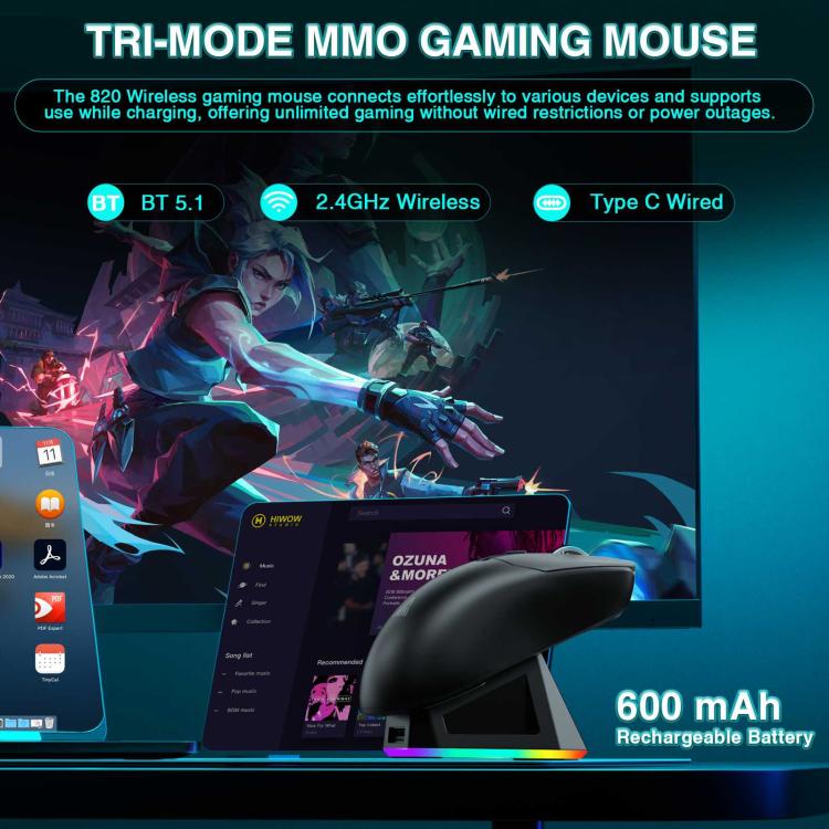 Ratón inalámbrico para juegos SOLA SM820 Tri-Mode de 22000 DPI y 1000 Hz con base de carga RGB