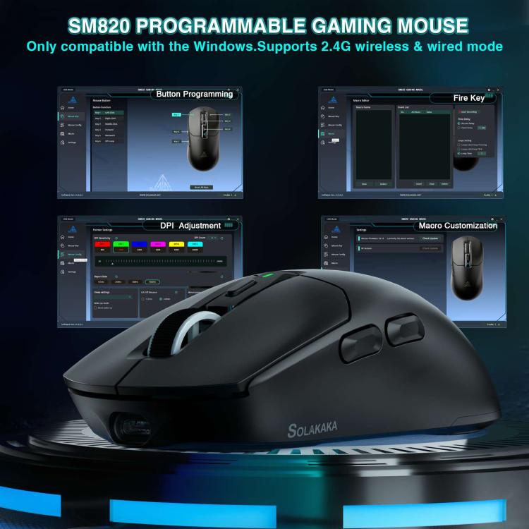 Ratón inalámbrico para juegos SOLA SM820 Tri-Mode de 22000 DPI y 1000 Hz con base de carga RGB