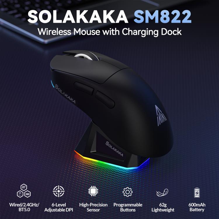 Ratón inalámbrico para juegos SOLA SM822 Tri-Mode de 24000 DPI y 1000 Hz con base de carga RGB