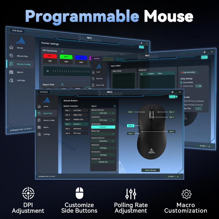 Ratón inalámbrico para juegos SOLA SM822 Tri-Mode de 24000 DPI y 1000 Hz con base de carga RGB