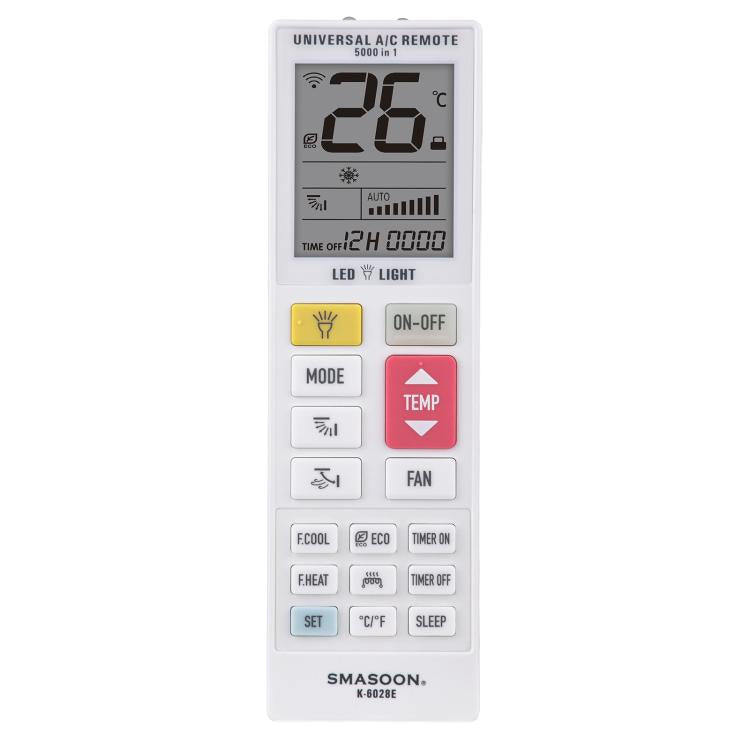 Control remoto universal para aire acondicionado SMASOON K-6028E con luz LED.