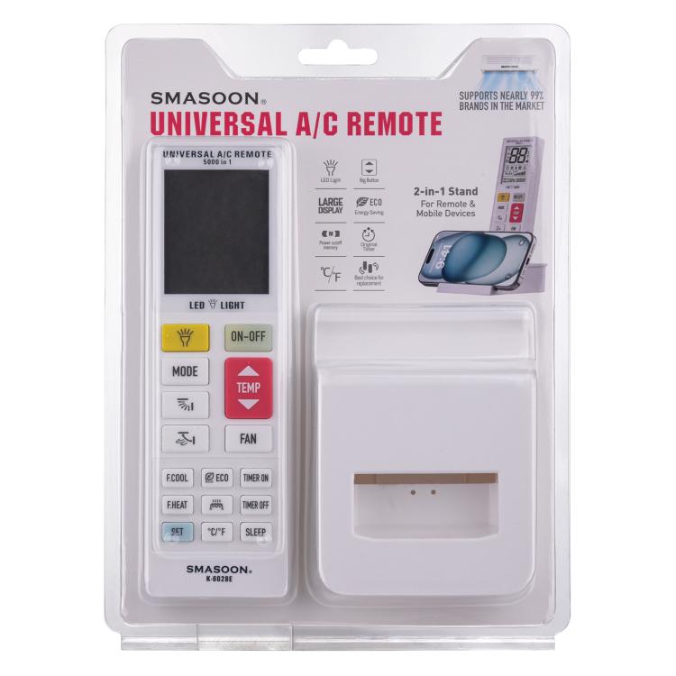 Control remoto universal para aire acondicionado SMASOON K-6028E con luz LED.