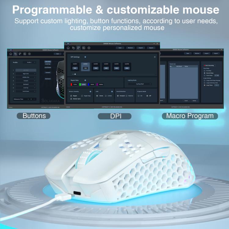Ratón inalámbrico para juegos SOLAKAKA SM600 con diseño hueco, RGB y tres modos.