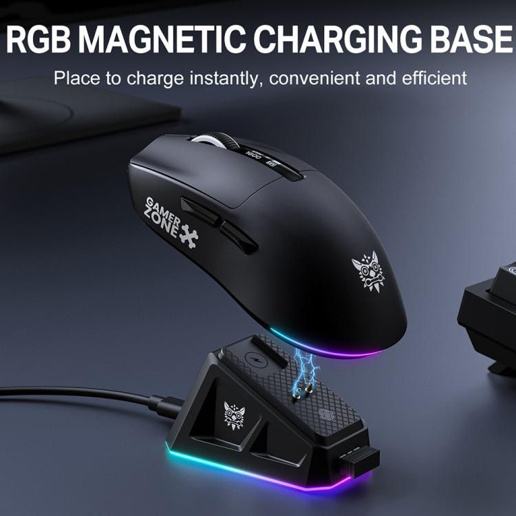 Ratón ONIKUMA DM07 de 24000 DPI y 2,4 GHz, inalámbrico y con cable, con tres modos de funcionamiento y base de carga magnética RGB.