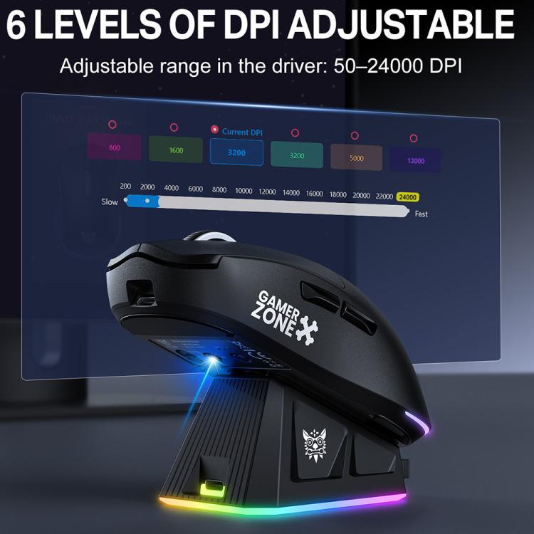 Ratón ONIKUMA DM07 de 24000 DPI y 2,4 GHz, inalámbrico y con cable, con tres modos de funcionamiento y base de carga magnética RGB.