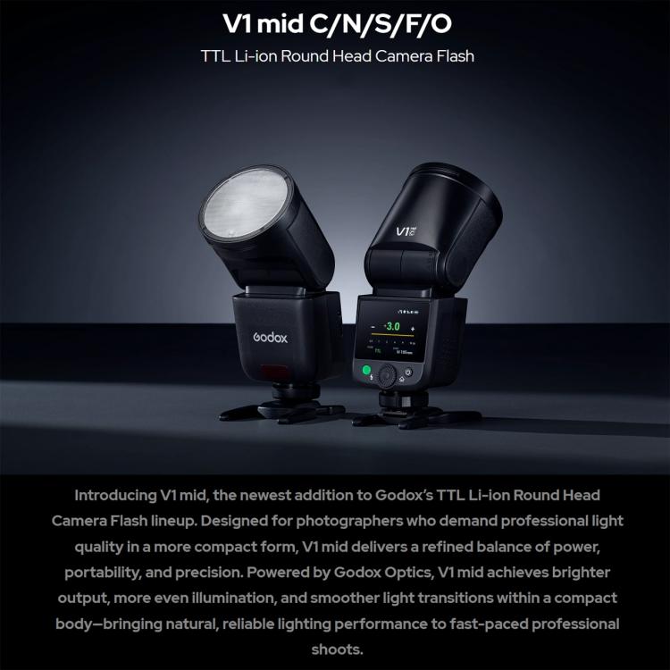 Flash de cámara Godox V1 Mid TTL de iones de litio con cabezal redondo, For Canon, For Nikon, For Sony, For FUJIFILM, For Olympus