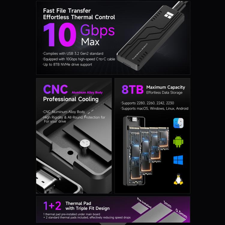 Carcasa para SSD M.2 NVMe THERMALRIGHT HR-EB109 con cable USB-C a USB-C., EB109 C-C Cable