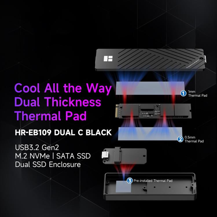 Carcasa para SSD THERMALRIGHT HR-EB109 M.2 NVMe / SATA de doble protocolo con cable USB-C a USB-C., EB109 Dual Protocol