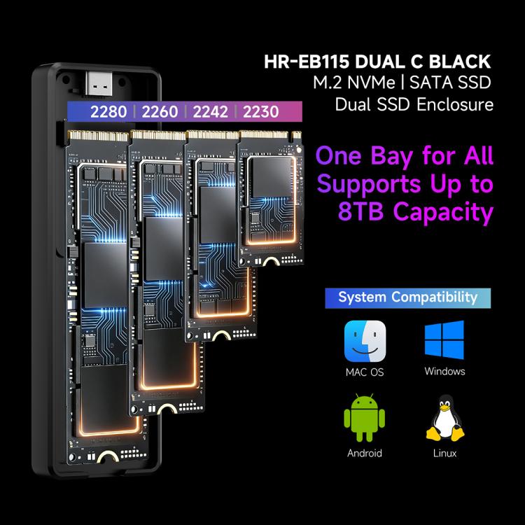 Carcasa para SSD THERMALRIGHT HR-EB115 M.2 NVMe / SATA de doble protocolo con cable USB-C a USB-C., EB115 Dual Protocol