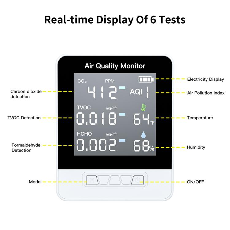 Monitor inteligente de calidad del aire DA10 6 en 1 con pantalla LCD de 2,8 pulgadas