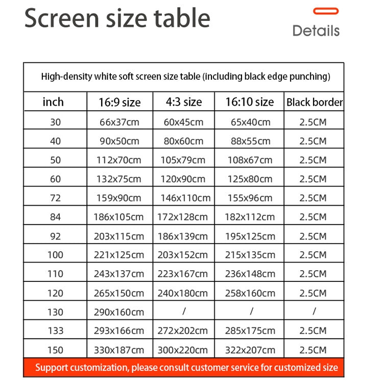 Cortina de película de proyector de poliéster de alta densidad plegable simple, 60 inch (4:3) Projection Area: 120x90cm, 72 inch (16:9) Projection Area: 159x90cm, 72 inch (4:3) Projection Area: 146x110cm, 84 inch (16:9) Projection Area: 186x105cm      ...