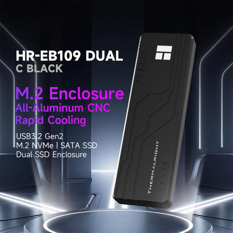 Carcasa para SSD THERMALRIGHT HR-EB109 M.2 NVMe / SATA de doble protocolo con cable USB a Tipo-C y cable Tipo-C a Tipo-C., EB109 Dual Protocol Dual Cable