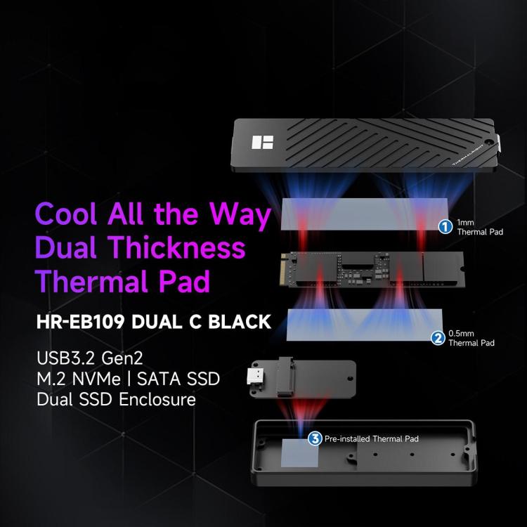 Carcasa para SSD THERMALRIGHT HR-EB109 M.2 NVMe / SATA de doble protocolo con cable USB a Tipo-C y cable Tipo-C a Tipo-C., EB109 Dual Protocol Dual Cable