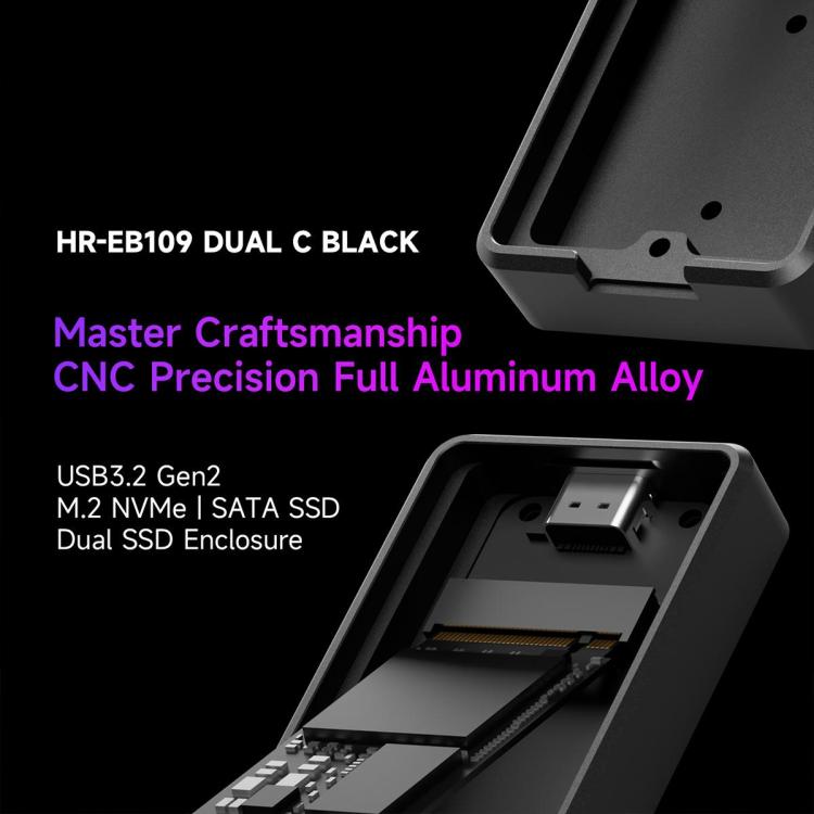 Carcasa para SSD THERMALRIGHT HR-EB109 M.2 NVMe / SATA de doble protocolo con cable USB a Tipo-C y cable Tipo-C a Tipo-C., EB109 Dual Protocol Dual Cable