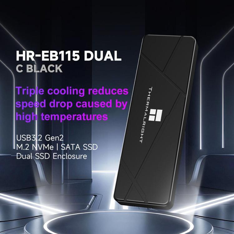 Carcasa para SSD THERMALRIGHT HR-EB115 M.2 NVMe / SATA de doble protocolo con cable USB a Tipo-C y cable Tipo-C a Tipo-C., EB115 Dual Protocol Dual Cable