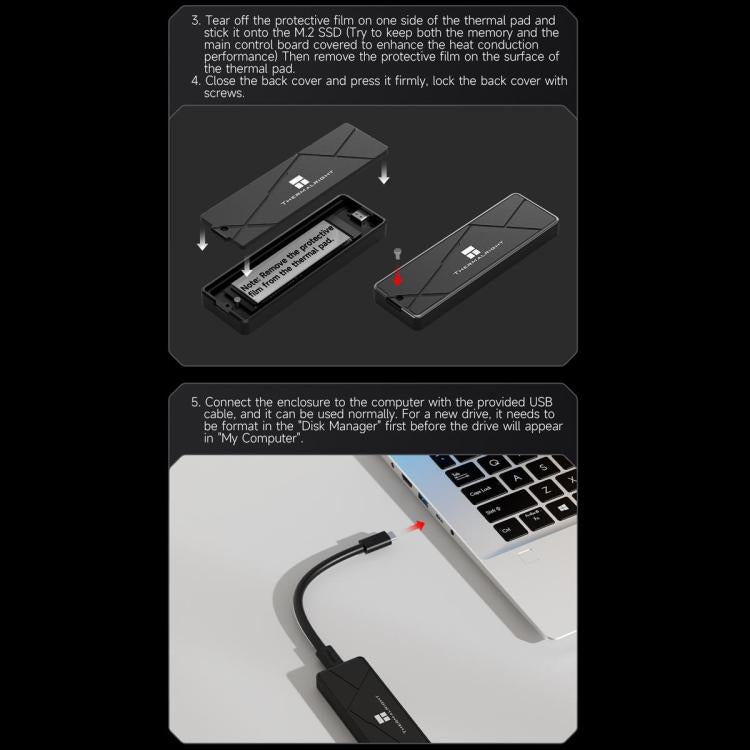 Carcasa para SSD THERMALRIGHT HR-EB115 M.2 NVMe / SATA de doble protocolo con cable USB a Tipo-C y cable Tipo-C a Tipo-C., EB115 Dual Protocol Dual Cable