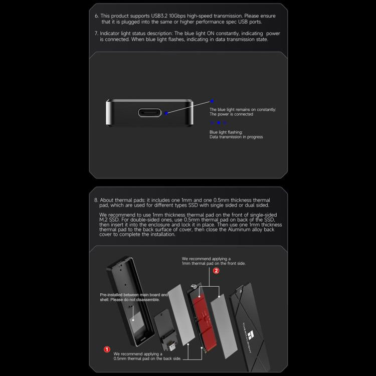 Carcasa para SSD THERMALRIGHT HR-EB115 M.2 NVMe / SATA de doble protocolo con cable USB a Tipo-C y cable Tipo-C a Tipo-C., EB115 Dual Protocol Dual Cable