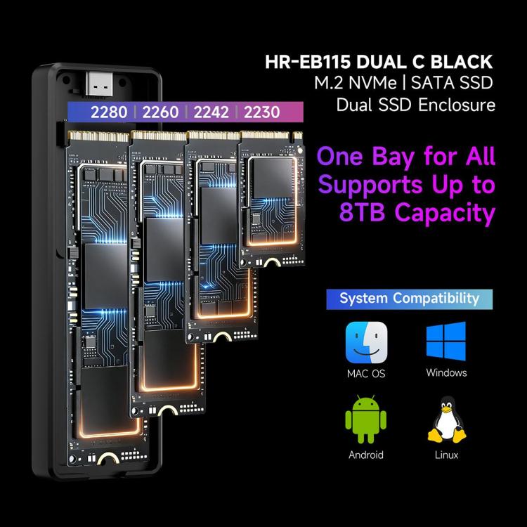 Carcasa para SSD THERMALRIGHT HR-EB115 M.2 NVMe / SATA de doble protocolo con cable USB a Tipo-C y cable Tipo-C a Tipo-C., EB115 Dual Protocol Dual Cable