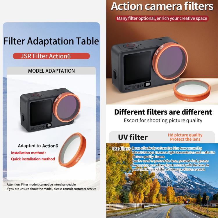 Filtro para lente de cámara DJI Osmo Action 6 JSR KO Series, UV, CPL, ND8, ND16, ND32, ND64, ND8PL, ND16PL, ND32PL, ND64PL, STAR, NIGHT, Black Mist 1/4, 3 in 1 UV ND8/16, 4 in 1 ND8-64, 4 in 1 CPL ND8/16/32, 4 in 1 Black Mist CPL ND, 4 in 1 Macro CPL N...