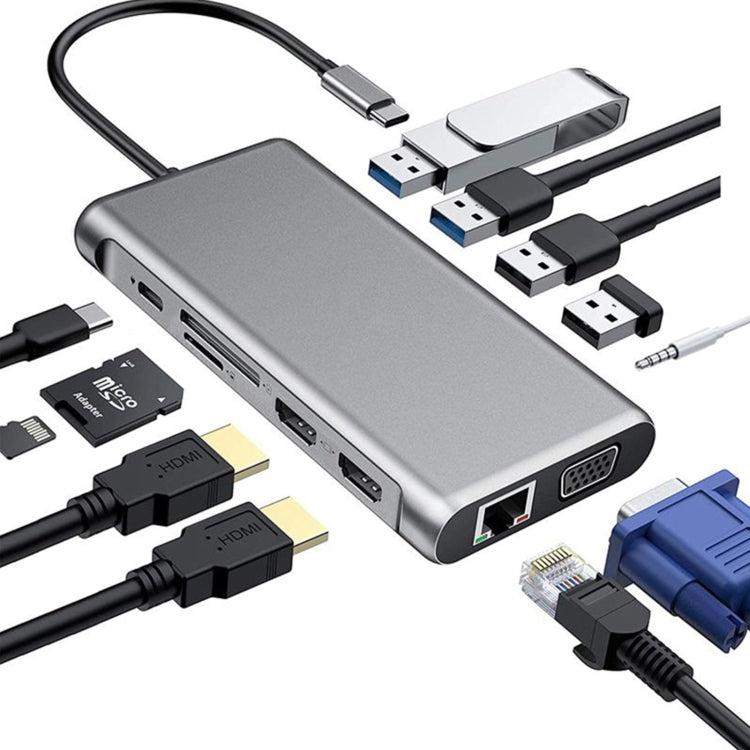 12 en 1 HDMI x2 + USB3.0 + USB2.0 + Carga PD + VGA + RJ45 + Conector de 3,5 mm + TF/SD x2 Tipo-C / Estación de acoplamiento HUB USB-C