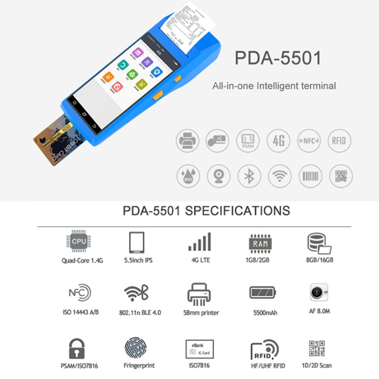 PDA-5501 Multifunción Pantalla IPS de 5,5 pulgadas Protección IP65 Terminal inteligente todo en uno, impresora de línea térmica incorporada, micrófono y altavoz, compatible con WiFi, Bluetooth y GPS