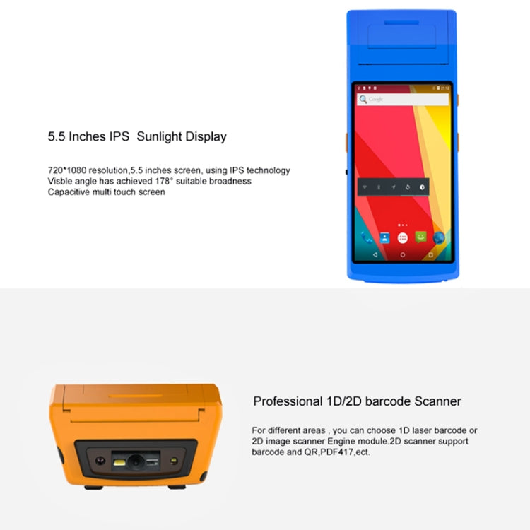 PDA-5501 Multifunción Pantalla IPS de 5,5 pulgadas Protección IP65 Terminal inteligente todo en uno, impresora de línea térmica incorporada, micrófono y altavoz, compatible con WiFi, Bluetooth y GPS
