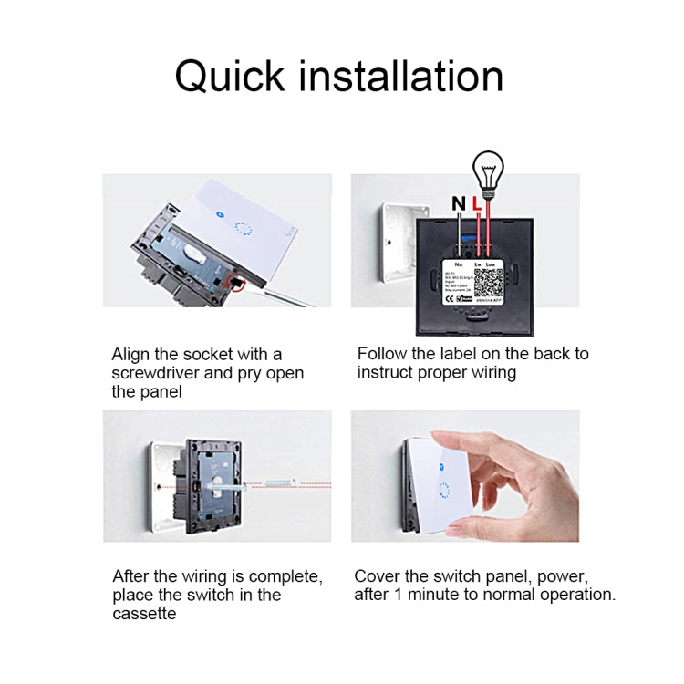 Sonoff Touch Interruptor de pared con panel de vidrio templado de 86 mm, 1 unidad, interruptor táctil para luz de hogar inteligente, compatible con Alexa y Google Home, CA 90 V-250 V 400 W 2 A, 86mm