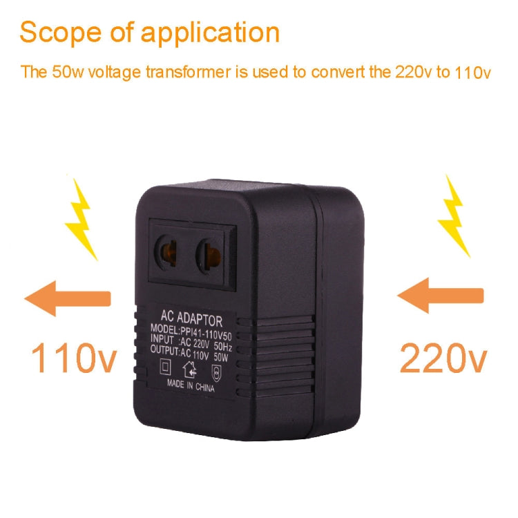 Adaptador de toma de corriente alterna de 220V a 110V 50W, enchufe UE/EE. UU. a enchufe estadounidense, 220V to 110V 50W