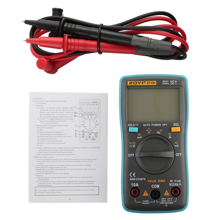 ZOYI ZT101 600V CAT III / 1000V CAT II 6000 cuentas Multímetro digital portátil Medidor de voltaje de corriente CA / CC con pantalla LCD retroiluminada y soporte, ZT101