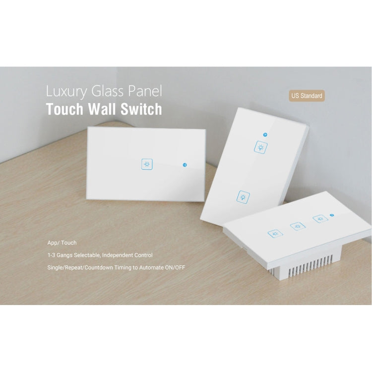 WS-US-02 Aplicación EWeLink y control táctil 2A Interruptor de pared inteligente con panel de vidrio templado de 2 bandas, CA 90 V-250 V, enchufe de EE. UU., 2 Gangs