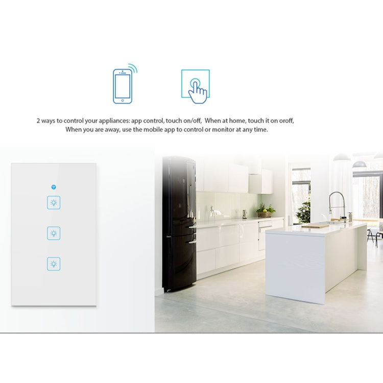 WS-US-02 Aplicación EWeLink y control táctil 2A Interruptor de pared inteligente con panel de vidrio templado de 2 bandas, CA 90 V-250 V, enchufe de EE. UU., 2 Gangs