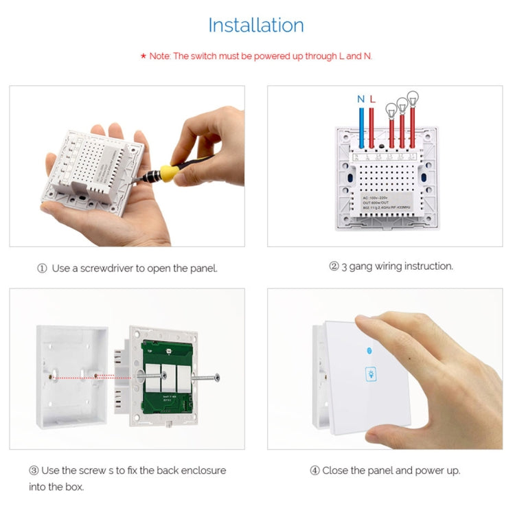 WS-UK-01 Aplicación EWeLink y control táctil Interruptor de pared inteligente con panel de vidrio templado de 2 A y 1 unidad, CA 90 V-250 V, enchufe para Reino Unido, 1 Gang