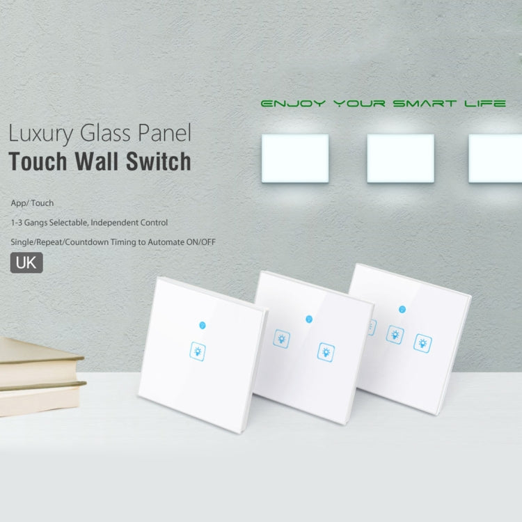 WS-UK-03 Aplicación EWeLink y control táctil 2A Interruptor de pared inteligente con panel de vidrio templado de 3 bandas, CA 90 V-250 V, enchufe del Reino Unido, 3 Gangs