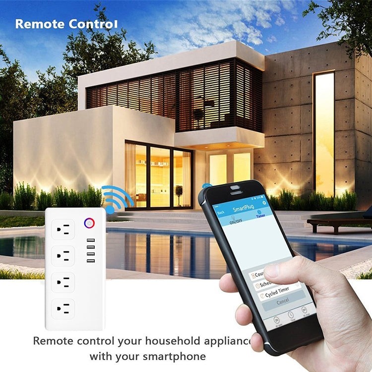 4 x puertos USB + 4 x enchufe estadounidense WiFi Control remoto toma de corriente inteligente funciona con Alexa y Google Home, CA 110-240V, enchufe estadounidense, 4xUSB + 4xUS Plug(US Plug)