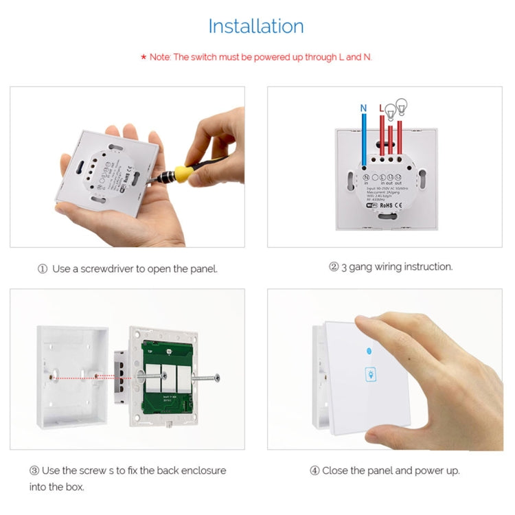 WS-EU-01 Aplicación EWeLink y control táctil 2A Interruptor de pared inteligente con panel de vidrio templado de 1 unidad, CA 90 V-250 V, enchufe de la UE, 1 Gang