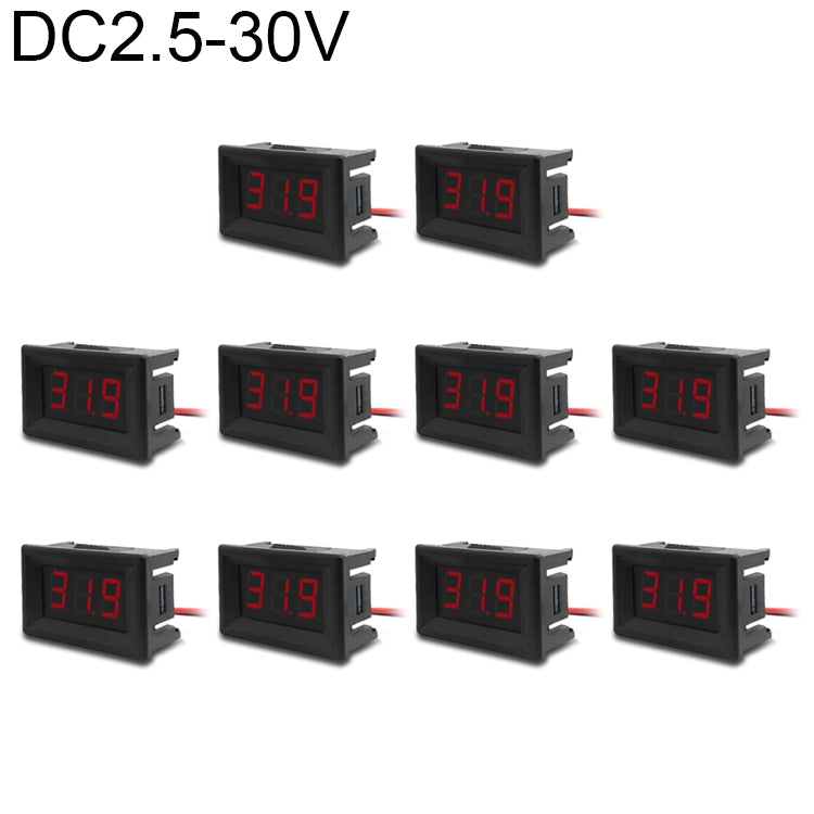 Medidor de voltaje digital de 2 cables de 10 piezas de 0,36 pulgadas con carcasa, pantalla de luz de color, voltaje de medida: CC 2,5-30 V