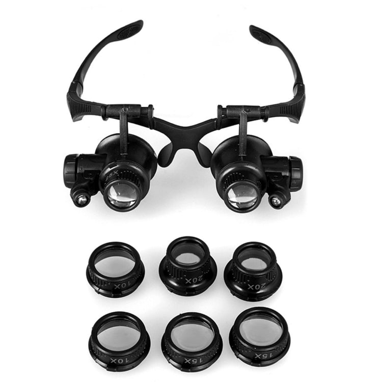 10X 15X 20X 25X Lentes de gafas dobles Joyero Reloj Reparación Lupa de cabeza con 2 luces LED (Negro), 9892G