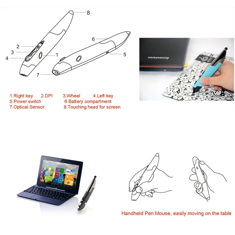 Ratón inteligente inalámbrico de mano, innovador estilo bolígrafo, 2,4 GHz, para PC y portátil, Red, Blue, Grey