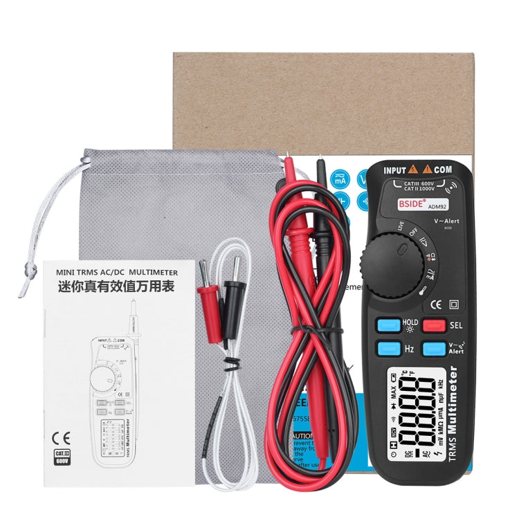 Multímetro Digital BSIDE ADM92 de mano con valores eficaces verdaderos, rango automático, probador TRMS de 6000 recuentos con control de temperatura de cable vivo, diodo NCV Hz ohm